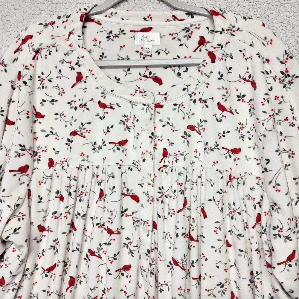 Aria Womens Velour Nightgown Size 4X White Red Cardinal Bird Print Long Sleeve - Picture 3 of 11
